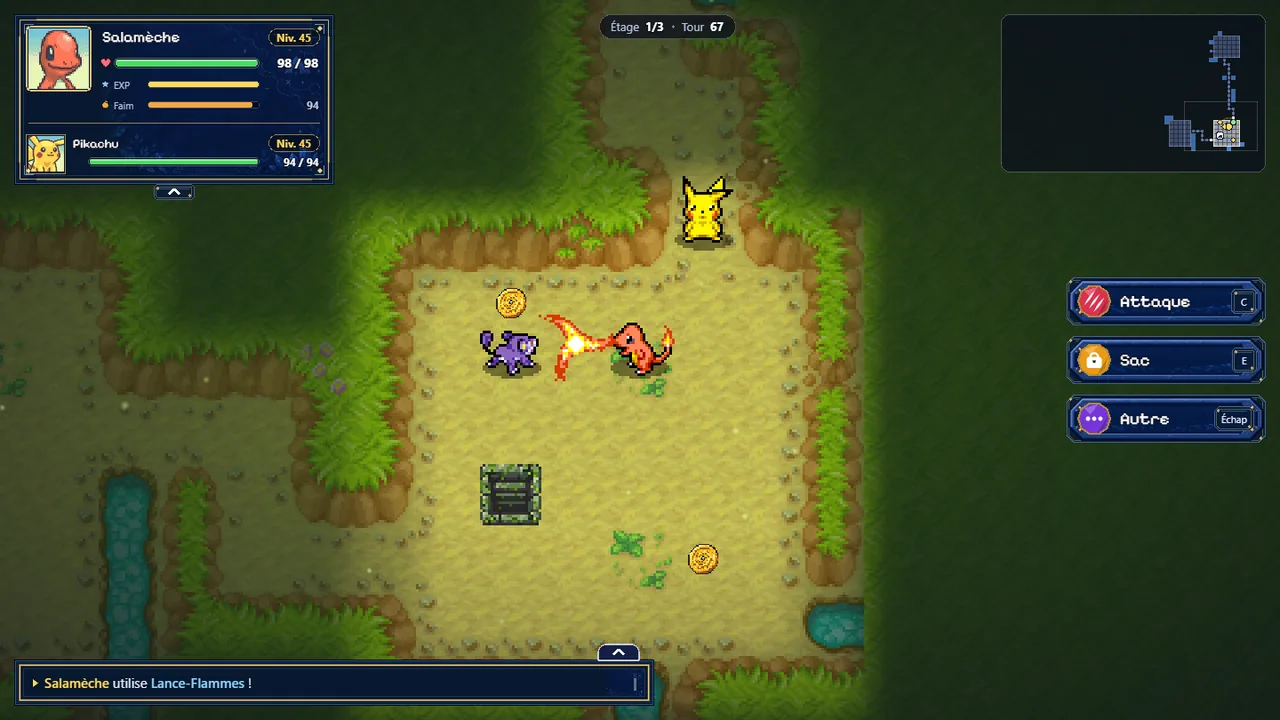 Turn-based battle against wild Pokémon in a PDMN dungeon