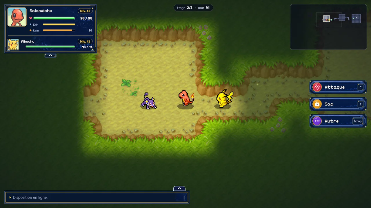 Exploring a randomly generated dungeon in PDMN, with the team and wild Pokémon